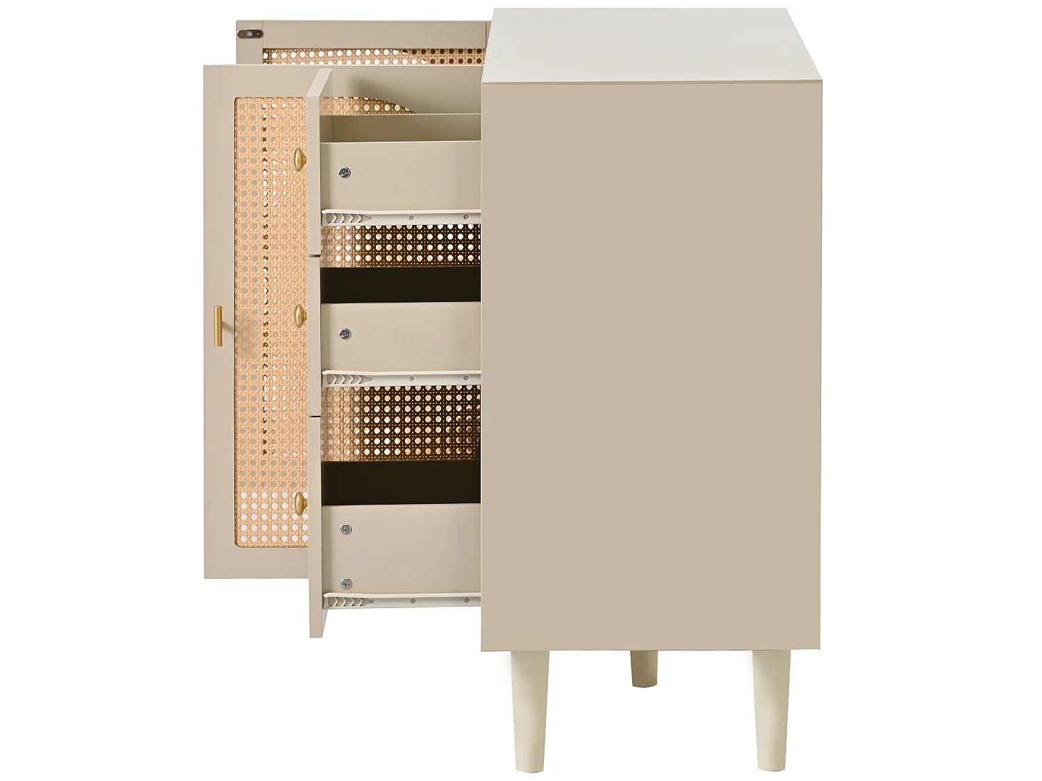 Buffet avec 2 portes et 3 tiroirs en panneaux de particles - effet rotin - coloris crème blanc