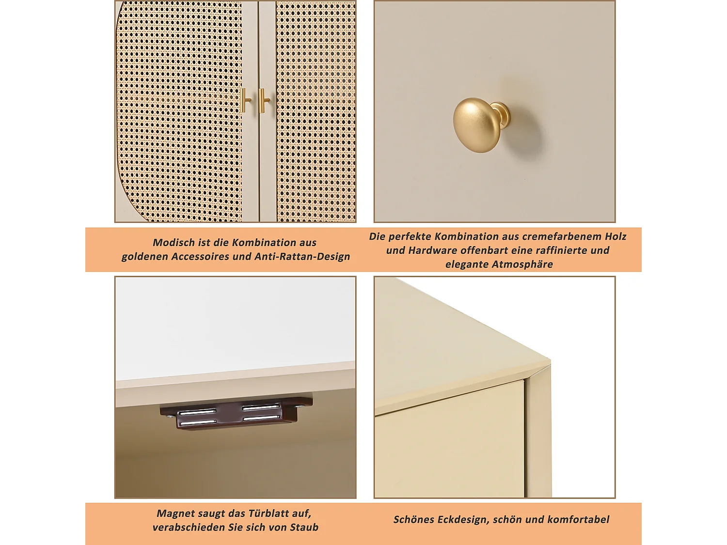 Buffet avec 2 portes et 3 tiroirs en panneaux de particles - effet rotin - coloris crème blanc