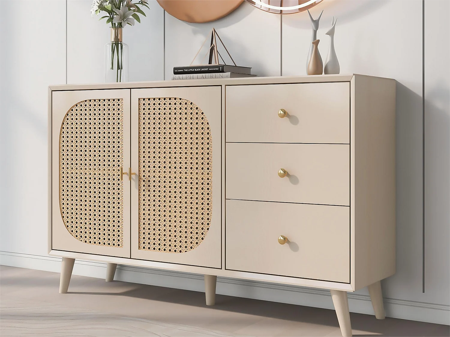 Buffet avec 2 portes et 3 tiroirs en panneaux de particles - effet rotin - coloris crème blanc