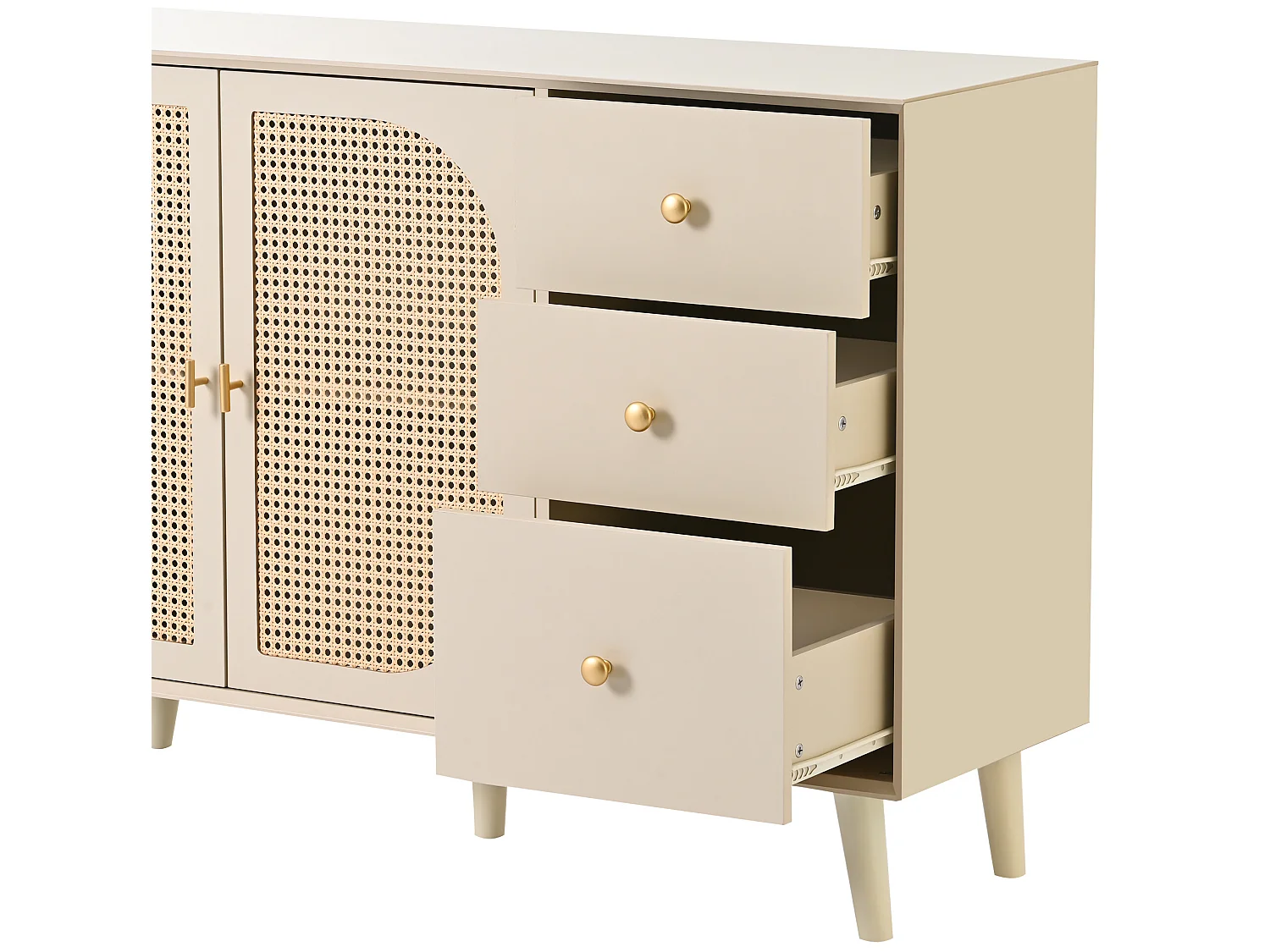 Buffet avec 2 portes et 3 tiroirs en panneaux de particles - effet rotin - coloris crème blanc