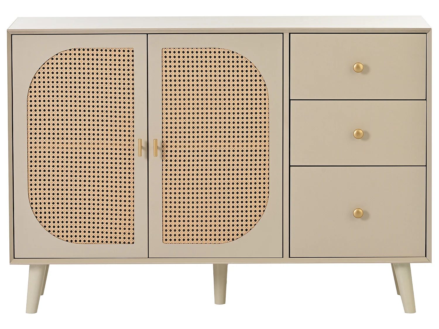 Buffet avec 2 portes et 3 tiroirs en panneaux de particles - effet rotin - coloris crème blanc