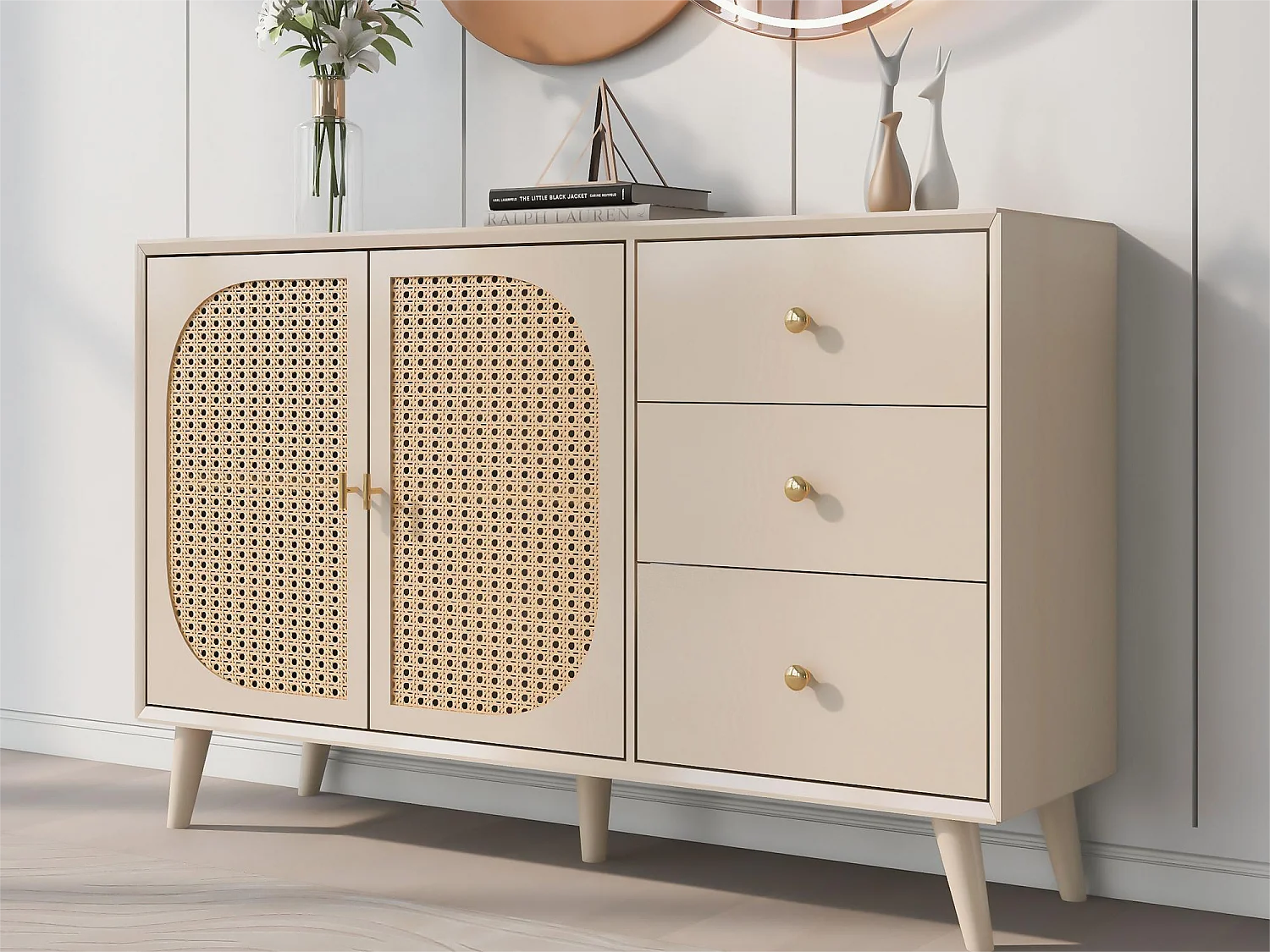 Aparador com 2 portas e 3 gavetas em painéis de partículas - efeito rattan - cor branco creme