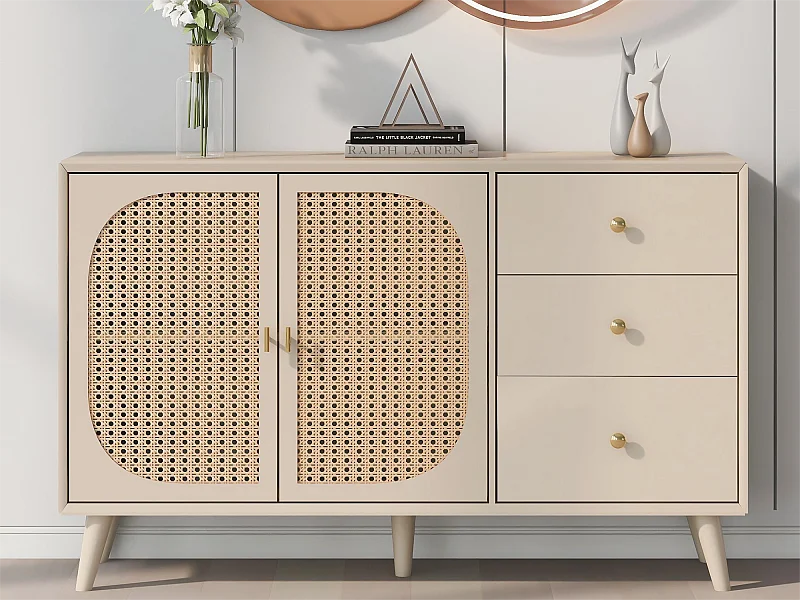 Credenza con 2 ante e 3 cassetti in truciolare - effetto rattan - colore bianco crema