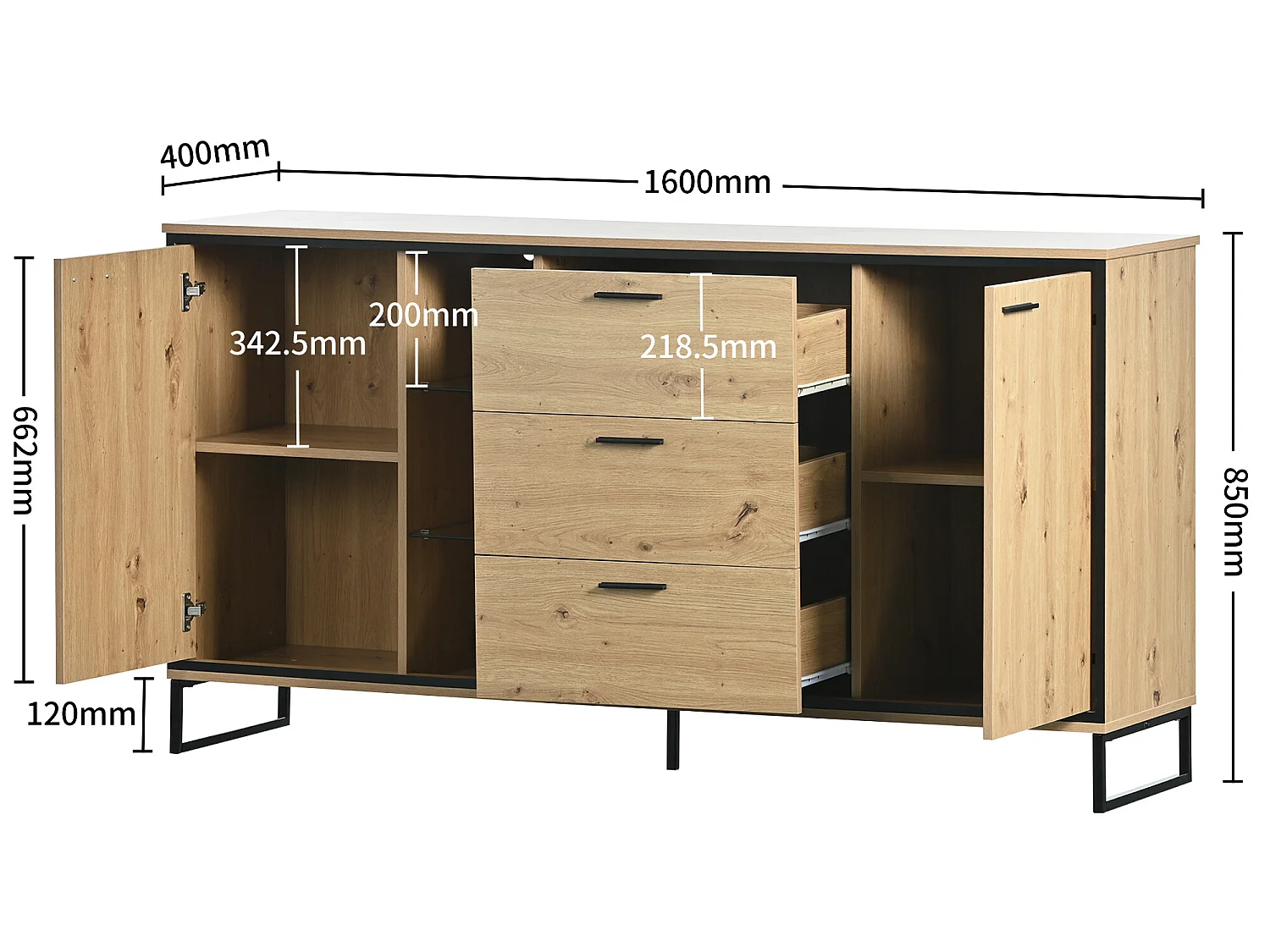 Buffet avec 2 portes, 3 tiroirs et étagères verre - panneaux de particules - coloris naturel et métal noir