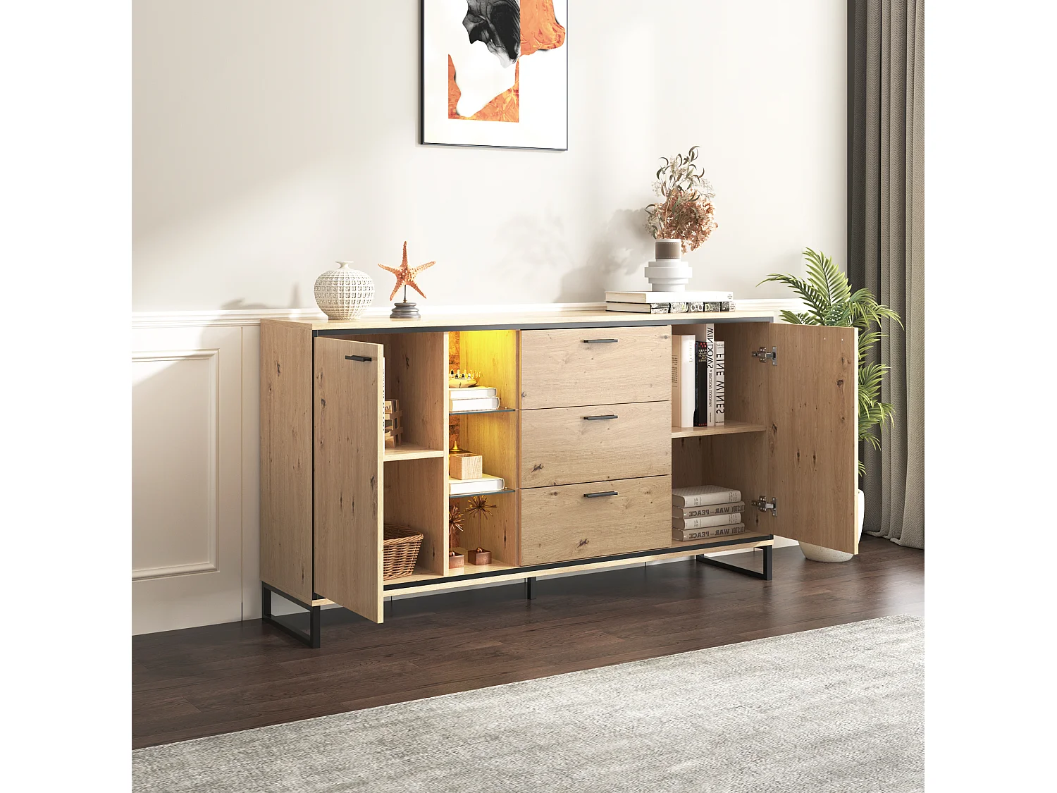 Dressoir met 2 deuren, 3 laden en glazen planken - spaanplaat - natuurlijke kleur en zwart metaal