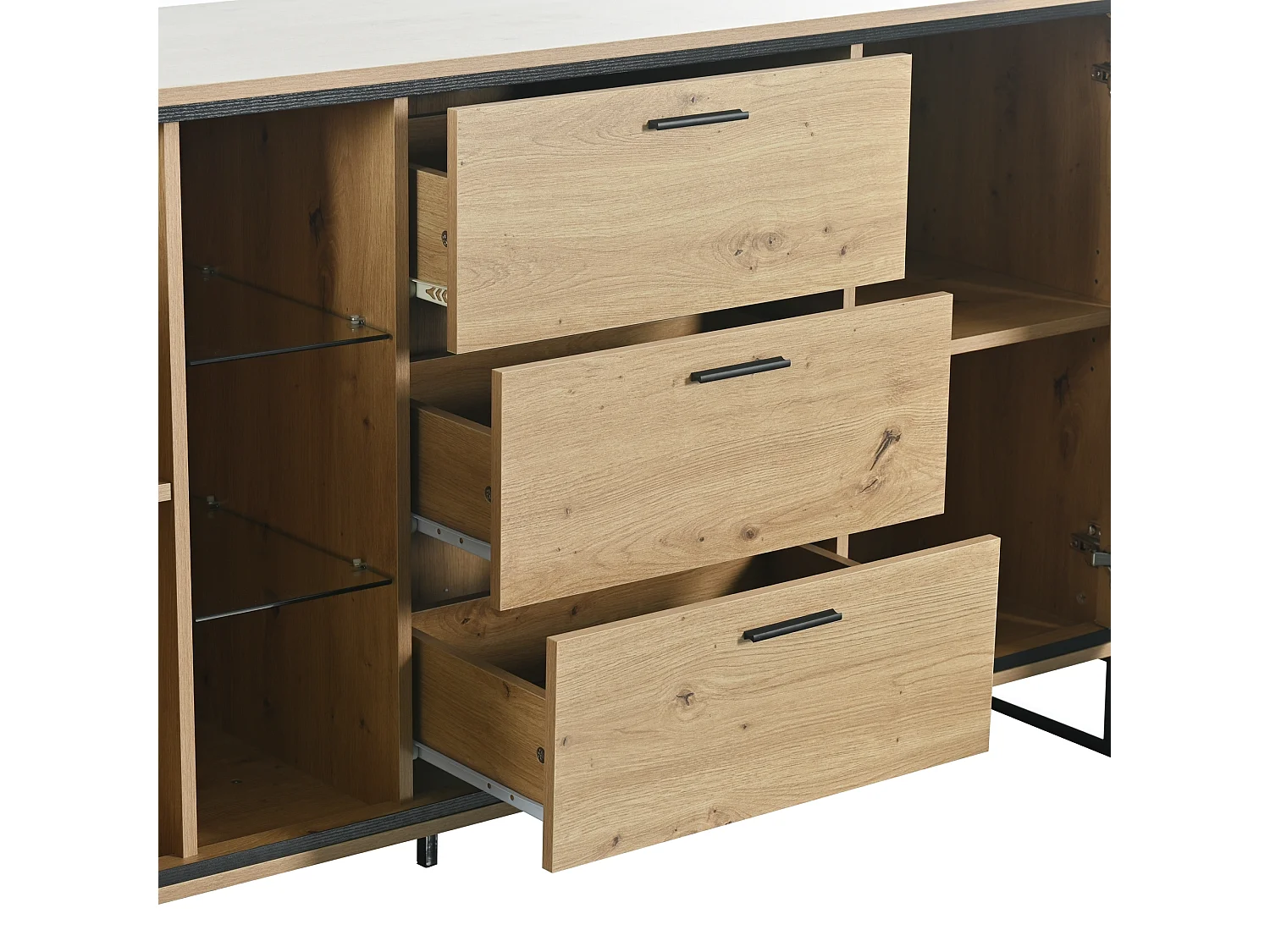 Dressoir met 2 deuren, 3 laden en glazen planken - spaanplaat - natuurlijke kleur en zwart metaal