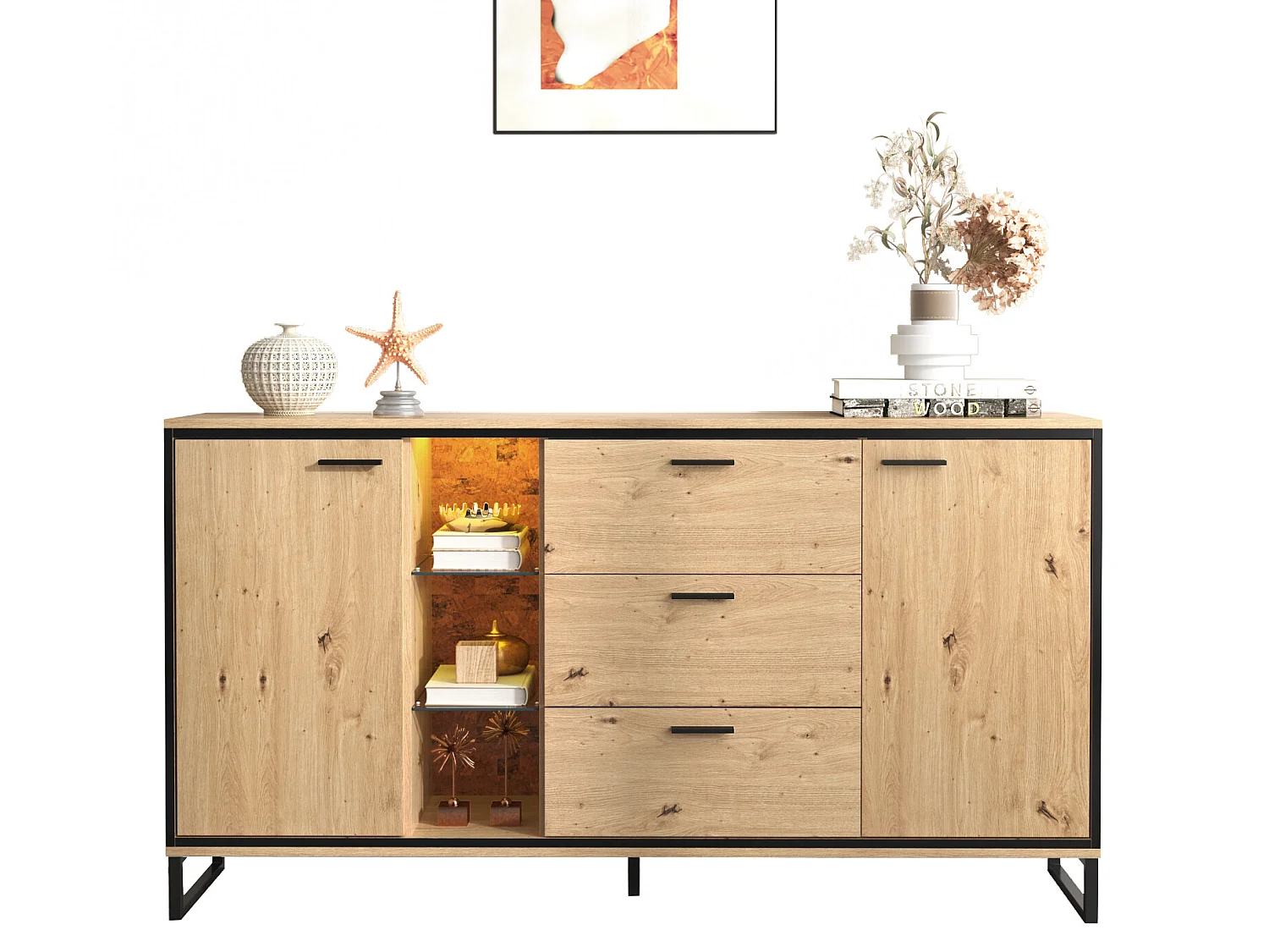 Dressoir met 2 deuren, 3 laden en glazen planken - spaanplaat - natuurlijke kleur en zwart metaal