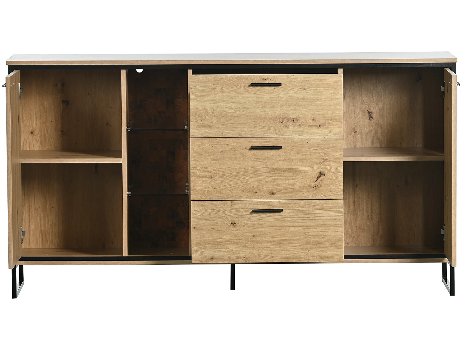 Dressoir met 2 deuren, 3 laden en glazen planken - spaanplaat - natuurlijke kleur en zwart metaal