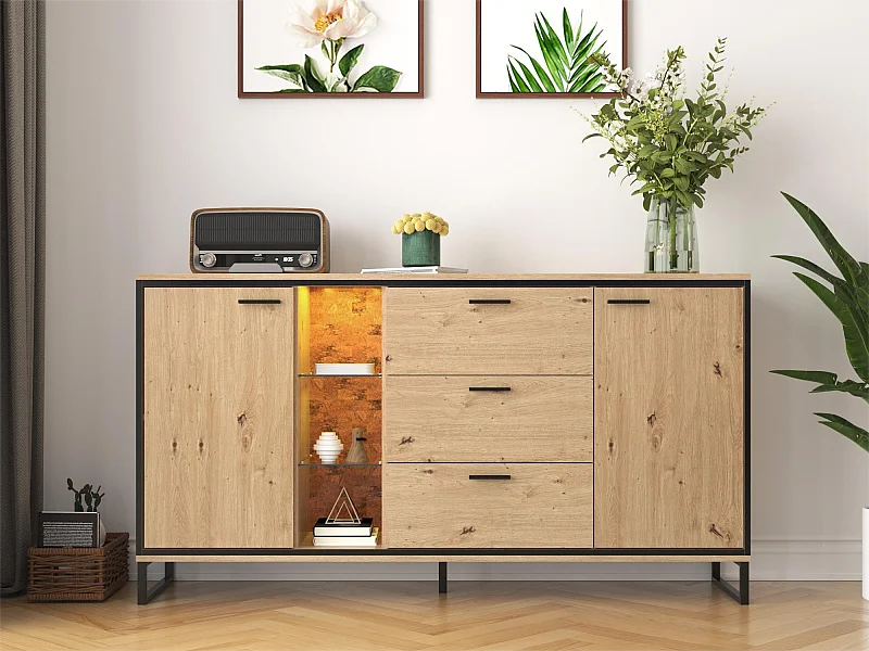 Credenza con 2 ante, 3 cassetti e ripiani in vetro - pannello truciolare - colore naturale e metallo nero