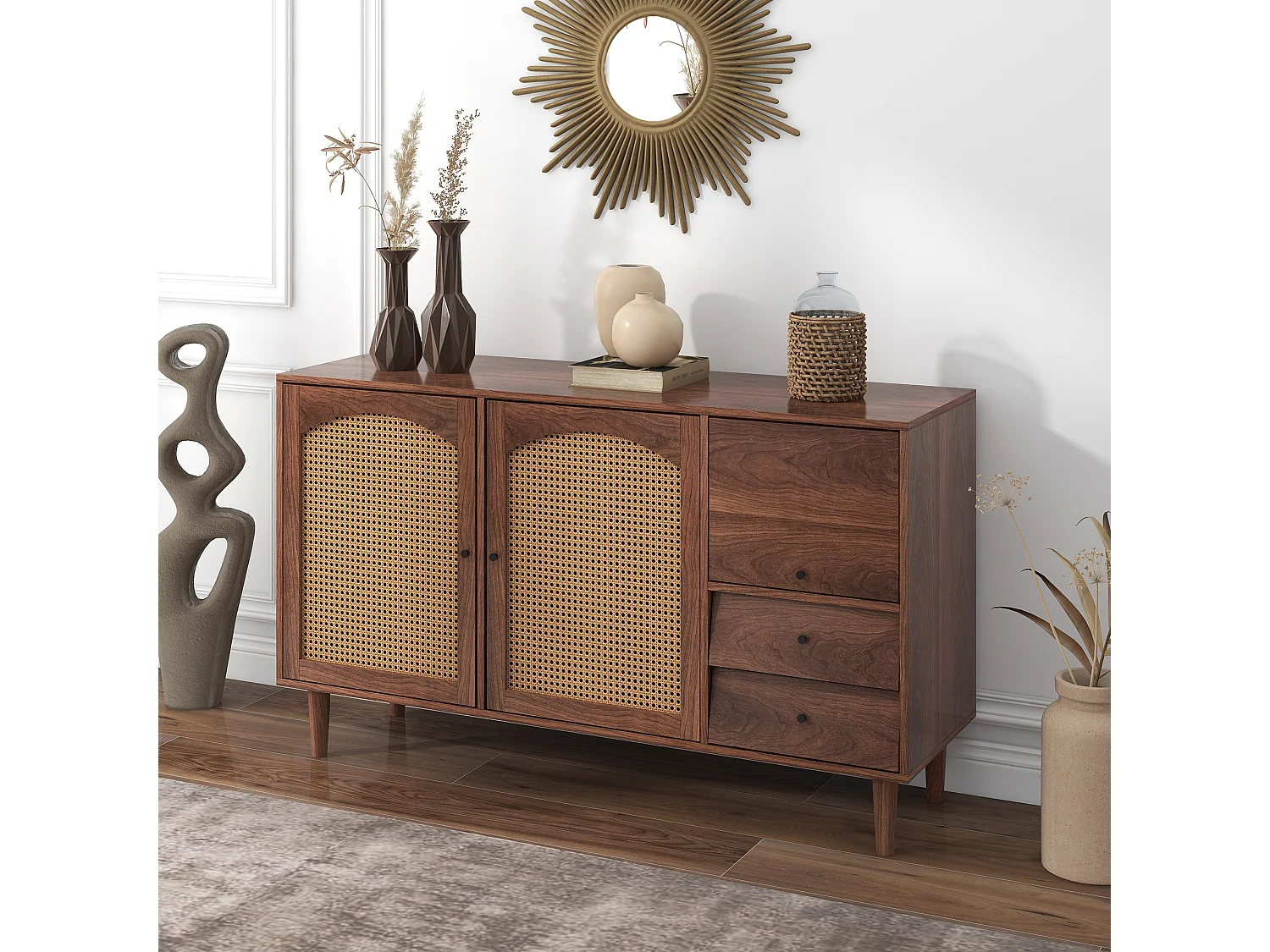 Dressoir met 3 deuren en 2 lades in spaanplaat - rotan effect - bruine kleur