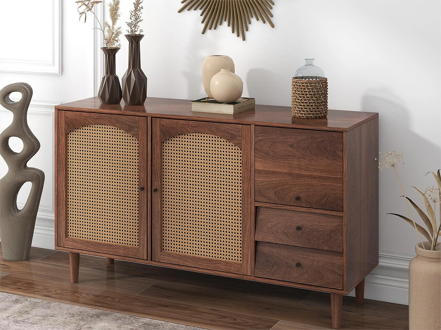 Dressoir met 3 deuren en 2 lades in spaanplaat - rotan effect - bruine kleur