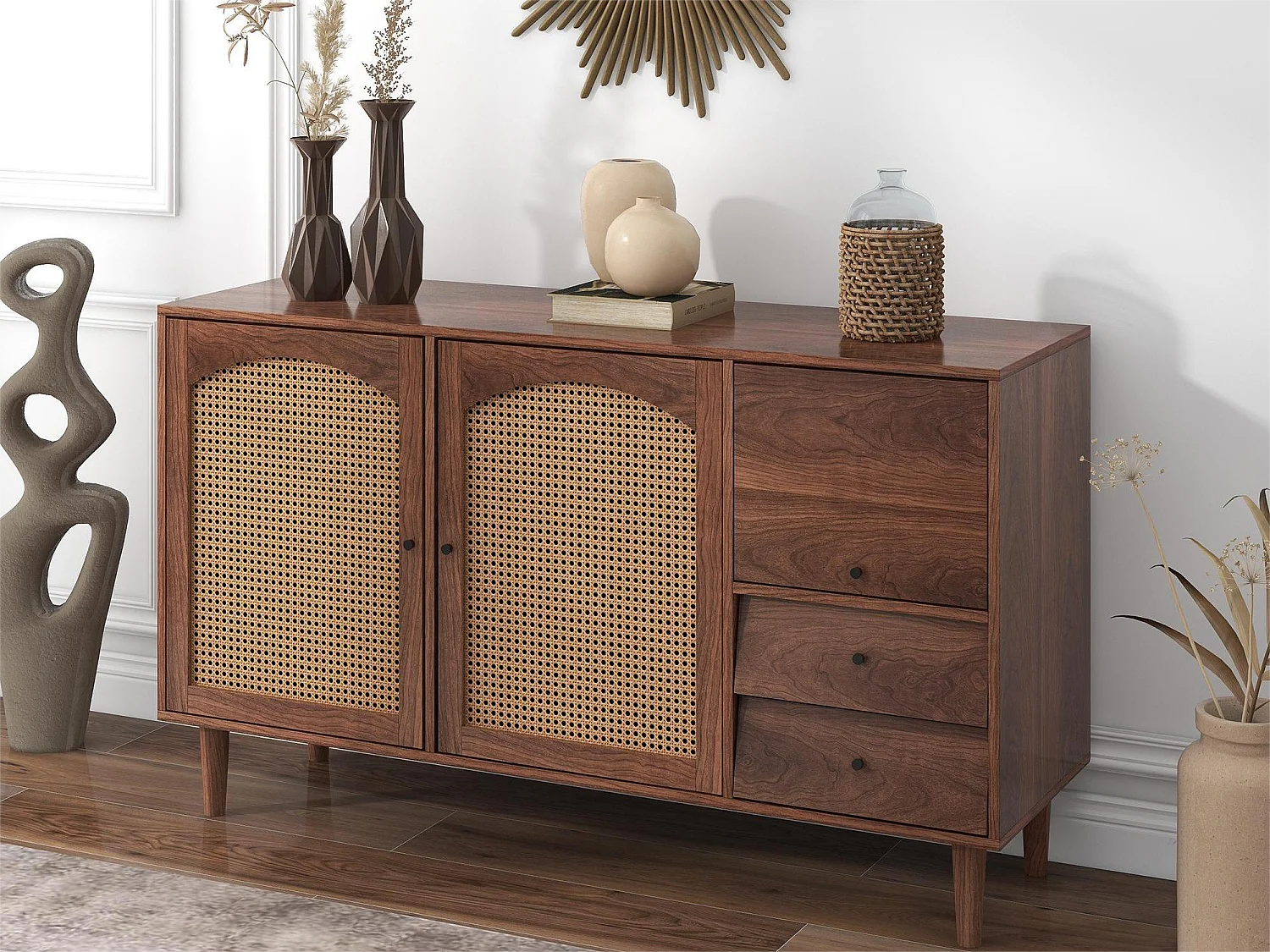 Dressoir met 3 deuren en 2 lades in spaanplaat - rotan effect - bruine kleur