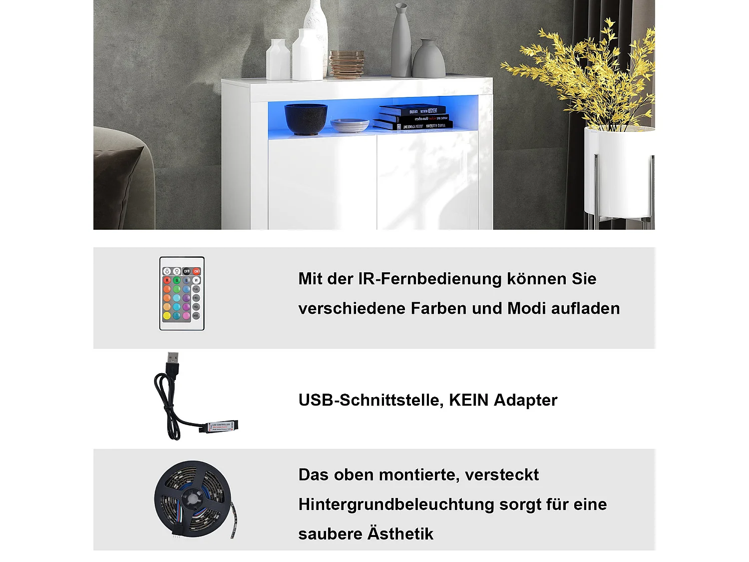 Komoda z 2 drzwiami i 2 półkami z płyty MDF - z diodami LED - lakierowana na biało