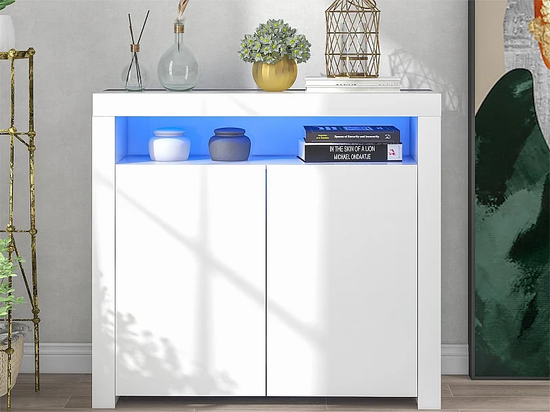 Komoda z 2 drzwiami i 2 półkami z płyty MDF - z diodami LED - lakierowana na biało