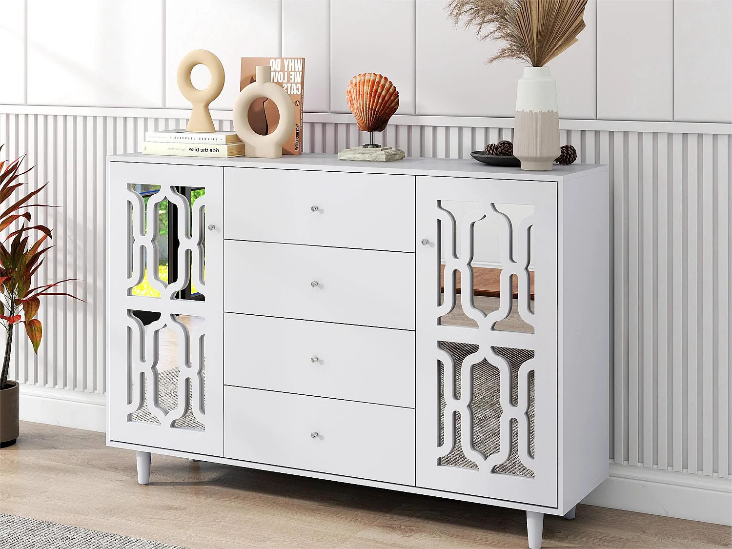 Buffet avec 2 Portes miroir et 4 tiroirs en MDF - poignées en cristal - laqué blanc