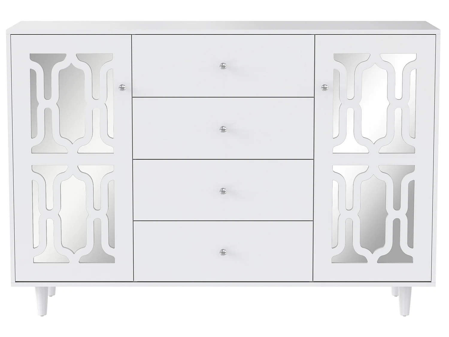 Buffet avec 2 Portes miroir et 4 tiroirs en MDF - poignées en cristal - laqué blanc