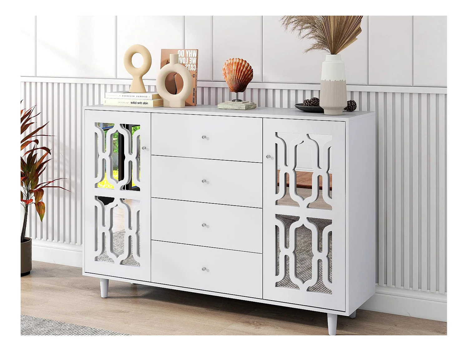 Sideboard mit 2 Spiegeltüren und 4 MDF-Schubladen – Kristallgriffe – weiß lackiert