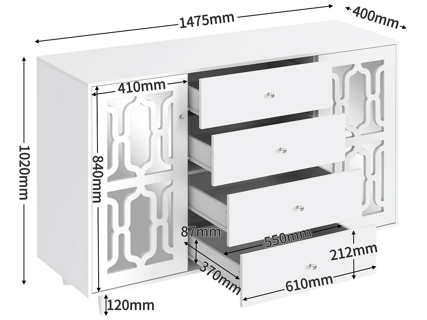 Buffet avec 2 Portes miroir et 4 tiroirs en MDF - poignées en cristal - laqué blanc