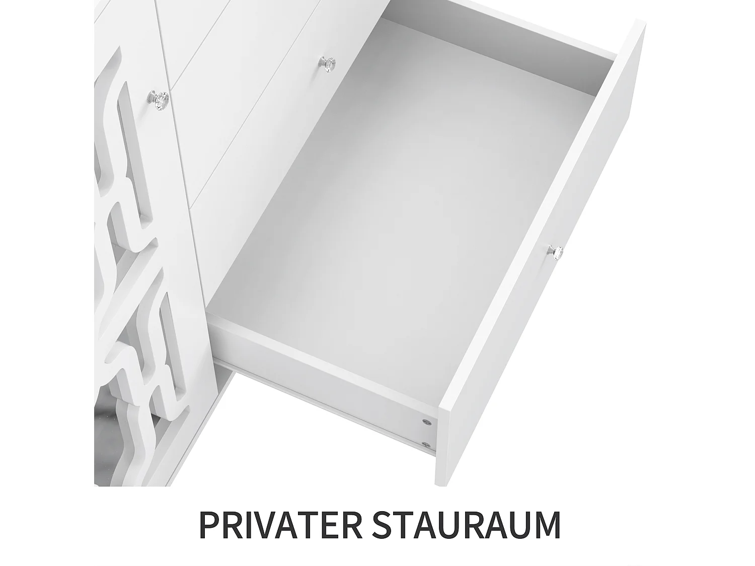 Buffet avec 2 Portes miroir et 4 tiroirs en MDF - poignées en cristal - laqué blanc