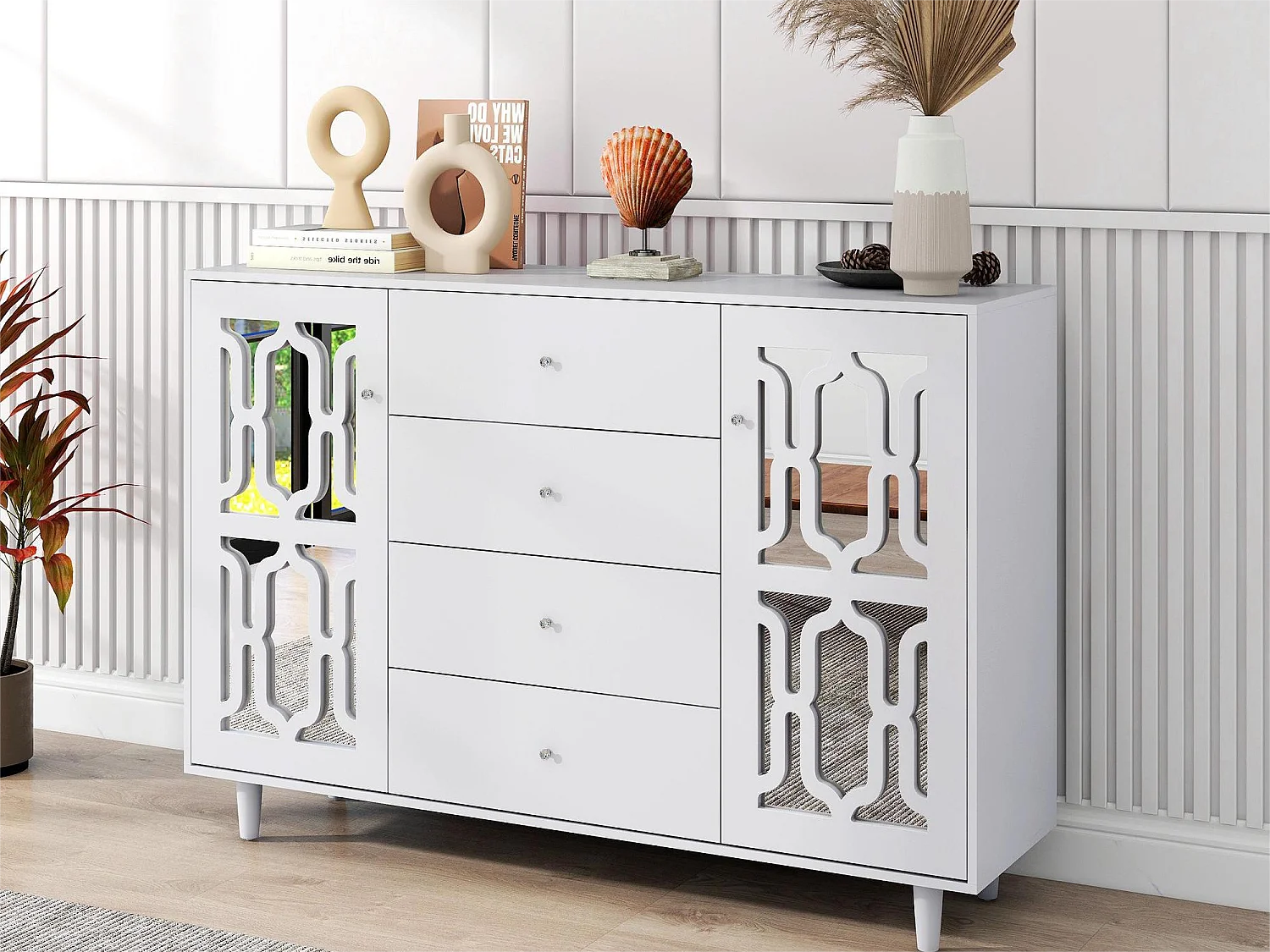 Aparador com 2 portas em espelho e 4 gavetas em MDF - puxadores cristal - lacado branco