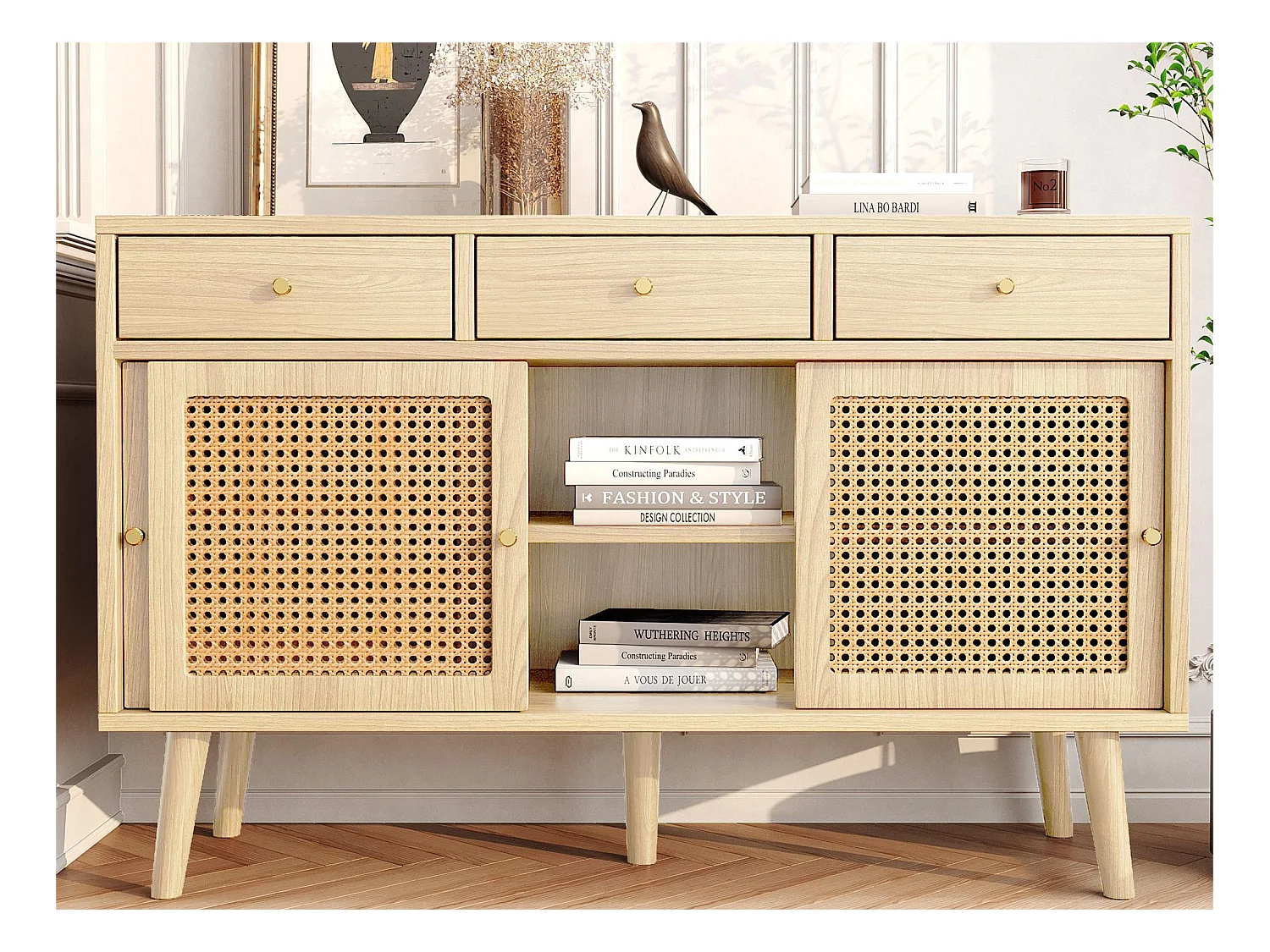 Buffet avec 3 portes coulissantes et 3 tiroirs en MDF - effet rotin - coloris naturel