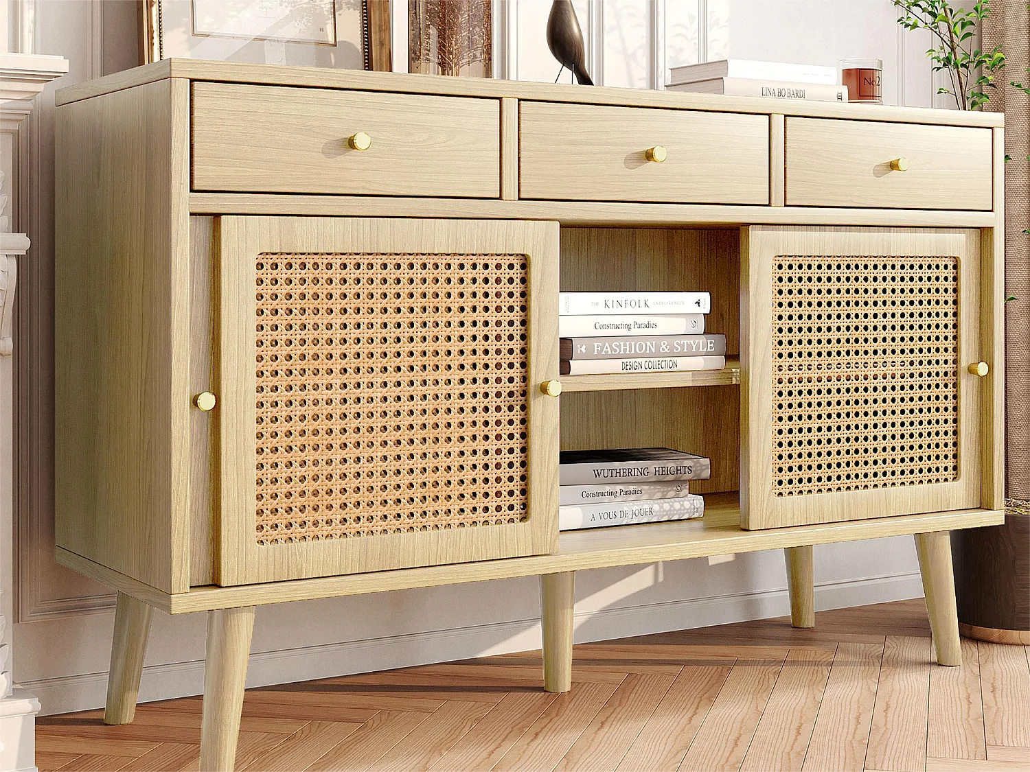 Buffet avec 3 portes coulissantes et 3 tiroirs en MDF - effet rotin - coloris naturel