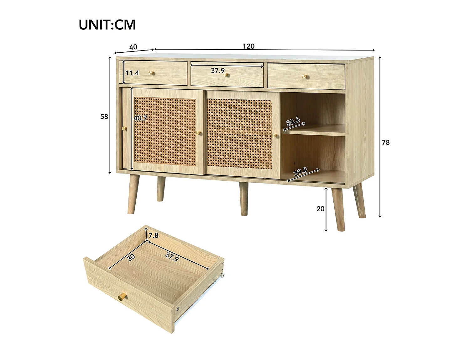 Buffet avec 3 portes coulissantes et 3 tiroirs en MDF - effet rotin - coloris naturel