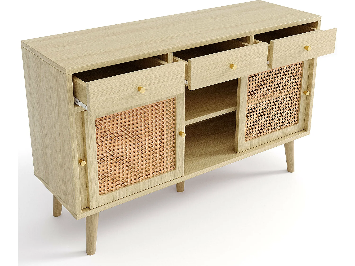 Buffet avec 3 portes coulissantes et 3 tiroirs en MDF - effet rotin - coloris naturel