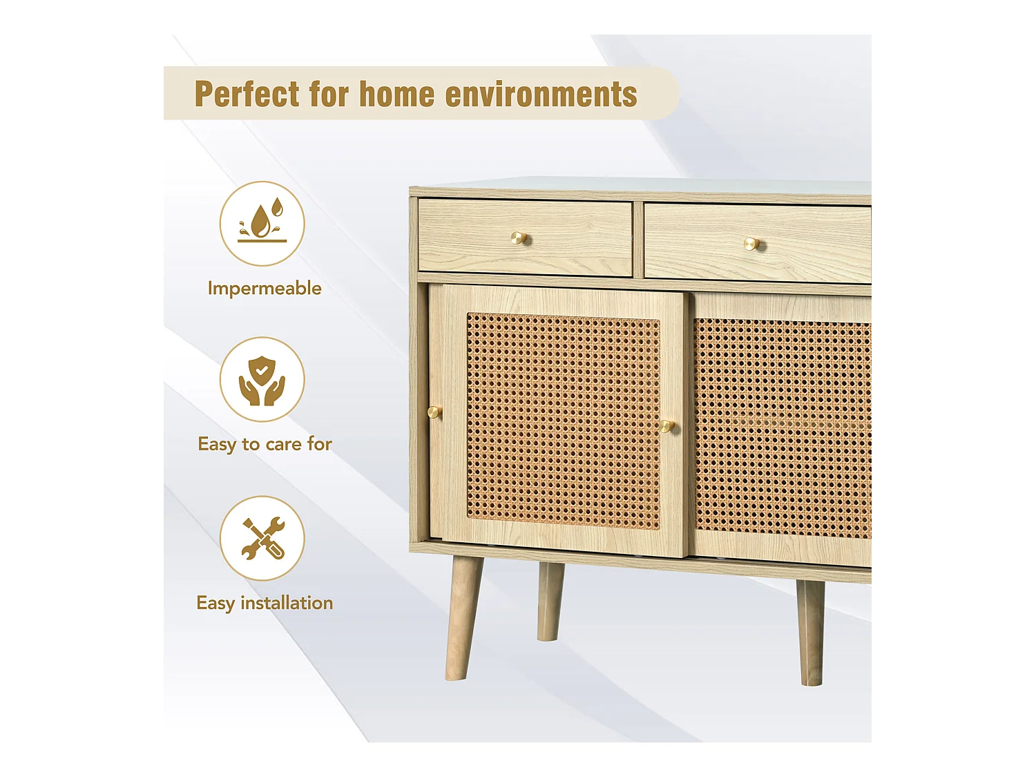 Buffet avec 3 portes coulissantes et 3 tiroirs en MDF - effet rotin - coloris naturel