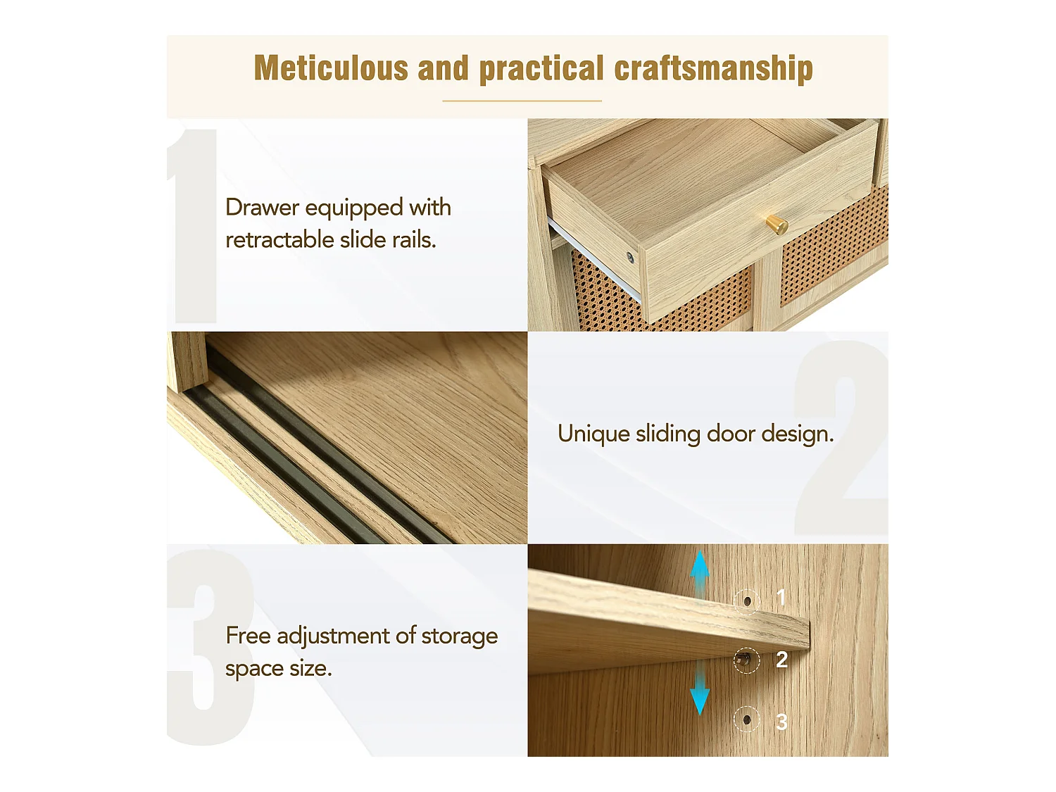 Buffet avec 3 portes coulissantes et 3 tiroirs en MDF - effet rotin - coloris naturel