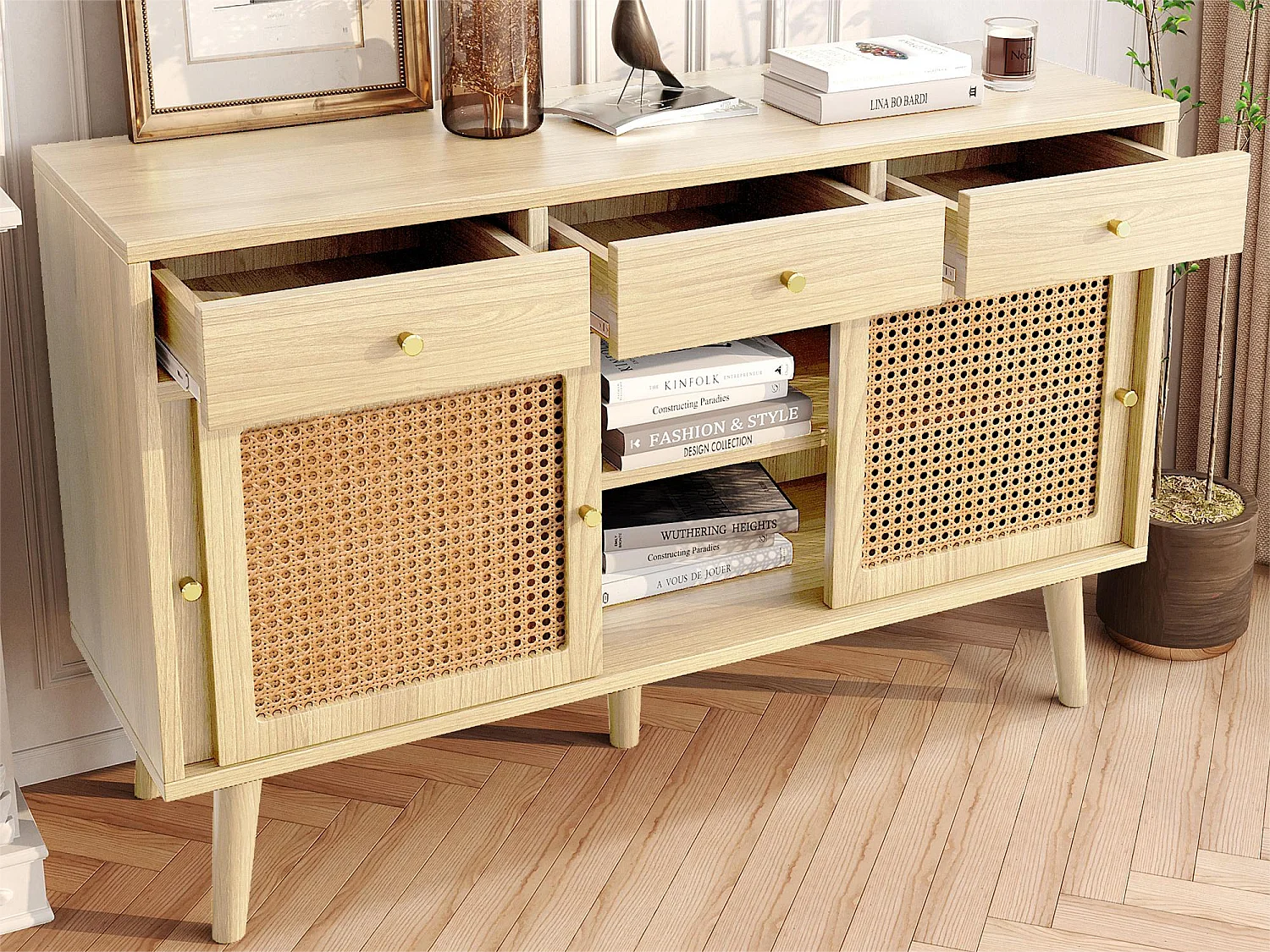 Credenza con 3 ante scorrevoli e 3 cassetti in MDF - effetto rattan - colore naturale