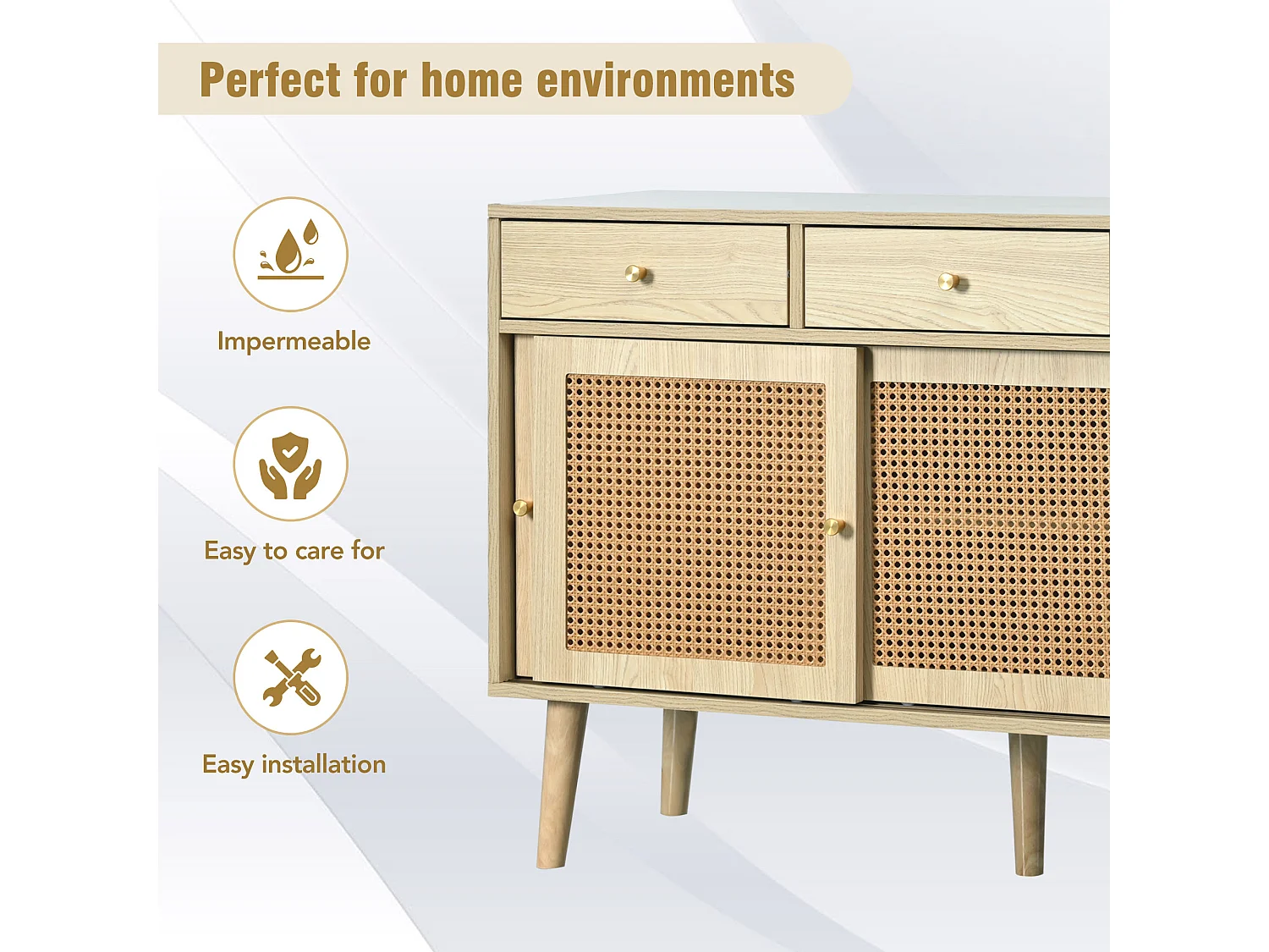 Credenza con 3 ante scorrevoli e 3 cassetti in MDF - effetto rattan - colore naturale