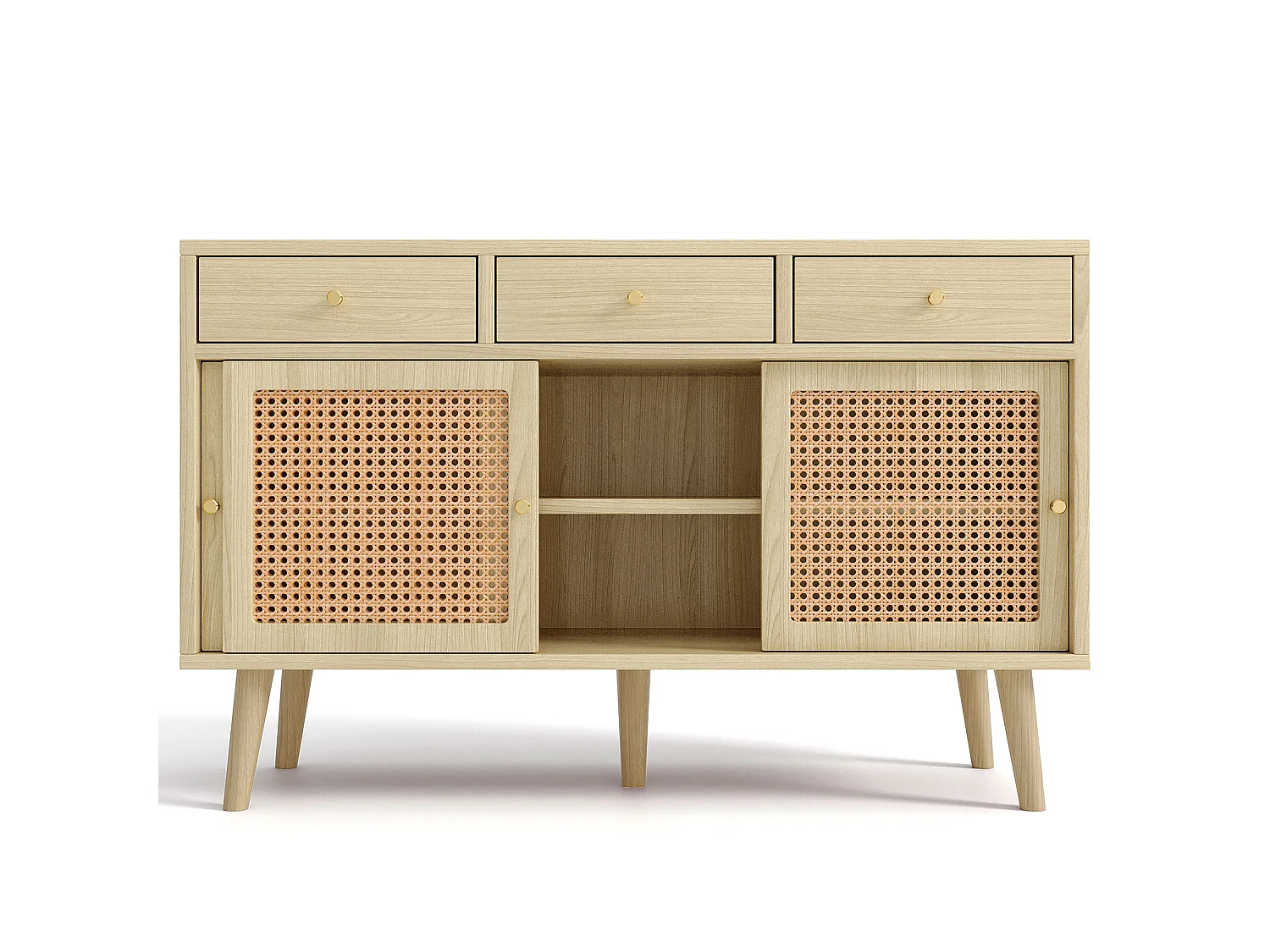 Credenza con 3 ante scorrevoli e 3 cassetti in MDF - effetto rattan - colore naturale
