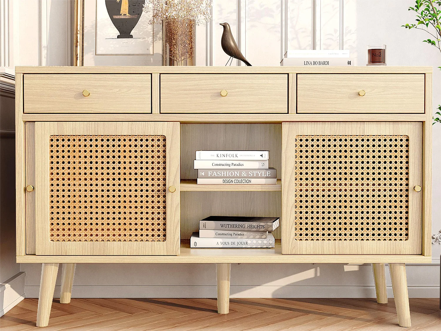 Aparador com 3 portas de correr e 3 gavetas em MDF - efeito rattan - cor natural