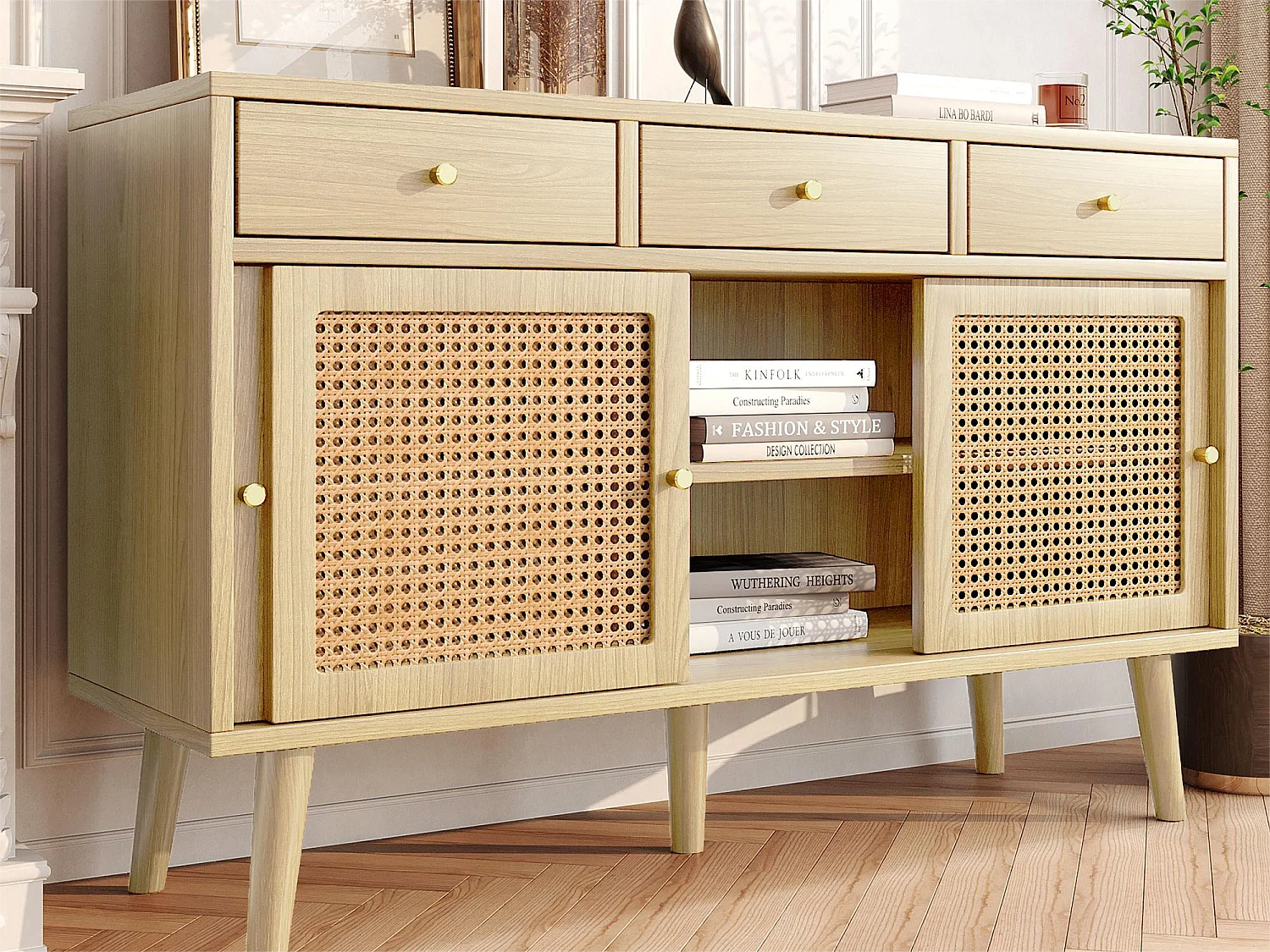 Aparador com 3 portas de correr e 3 gavetas em MDF - efeito rattan - cor natural