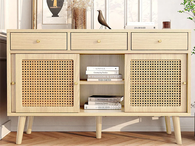 Buffet avec 3 portes coulissantes et 3 tiroirs en MDF - effet rotin - coloris naturel