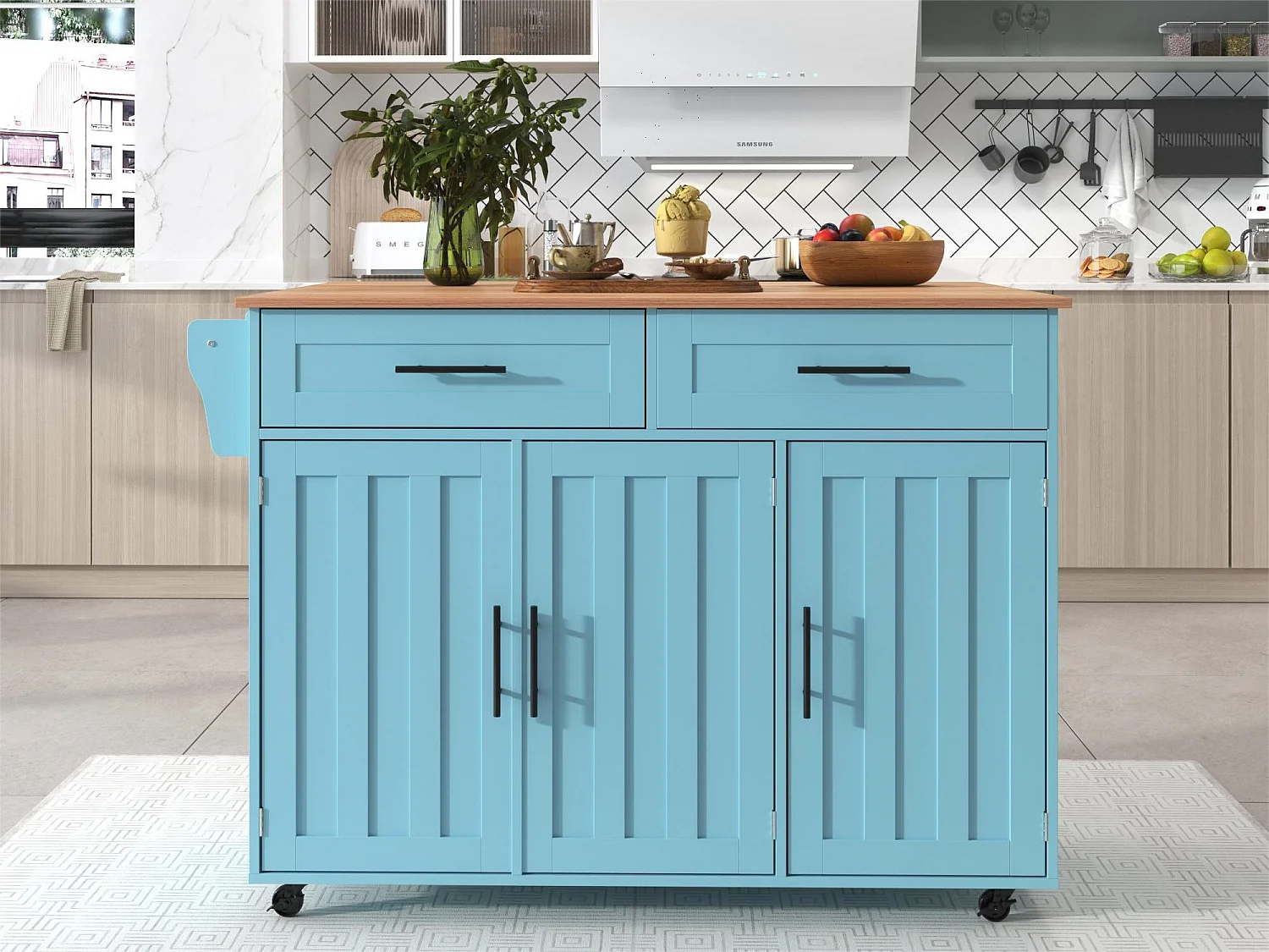 Credenza con 3 ante e 2 cassetti - pannello di prolunga in legno massello venato - 5 ruote / gambe in legno massello - blu