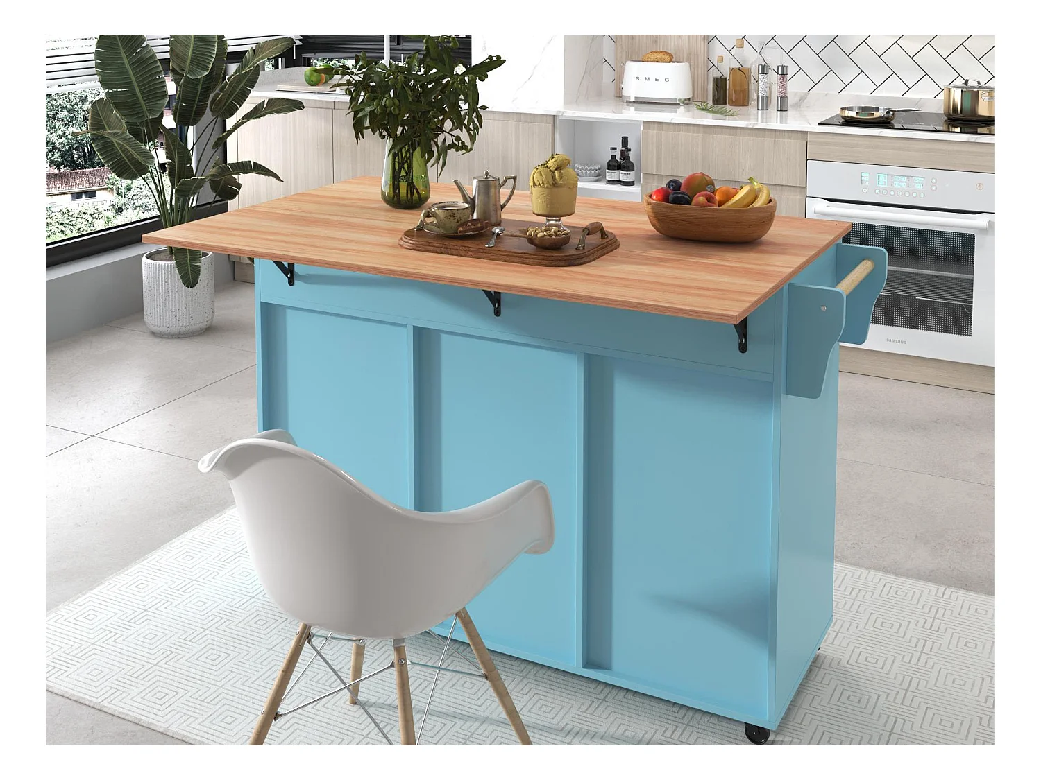 Credenza con 3 ante e 2 cassetti - pannello di prolunga in legno massello venato - 5 ruote / gambe in legno massello - blu
