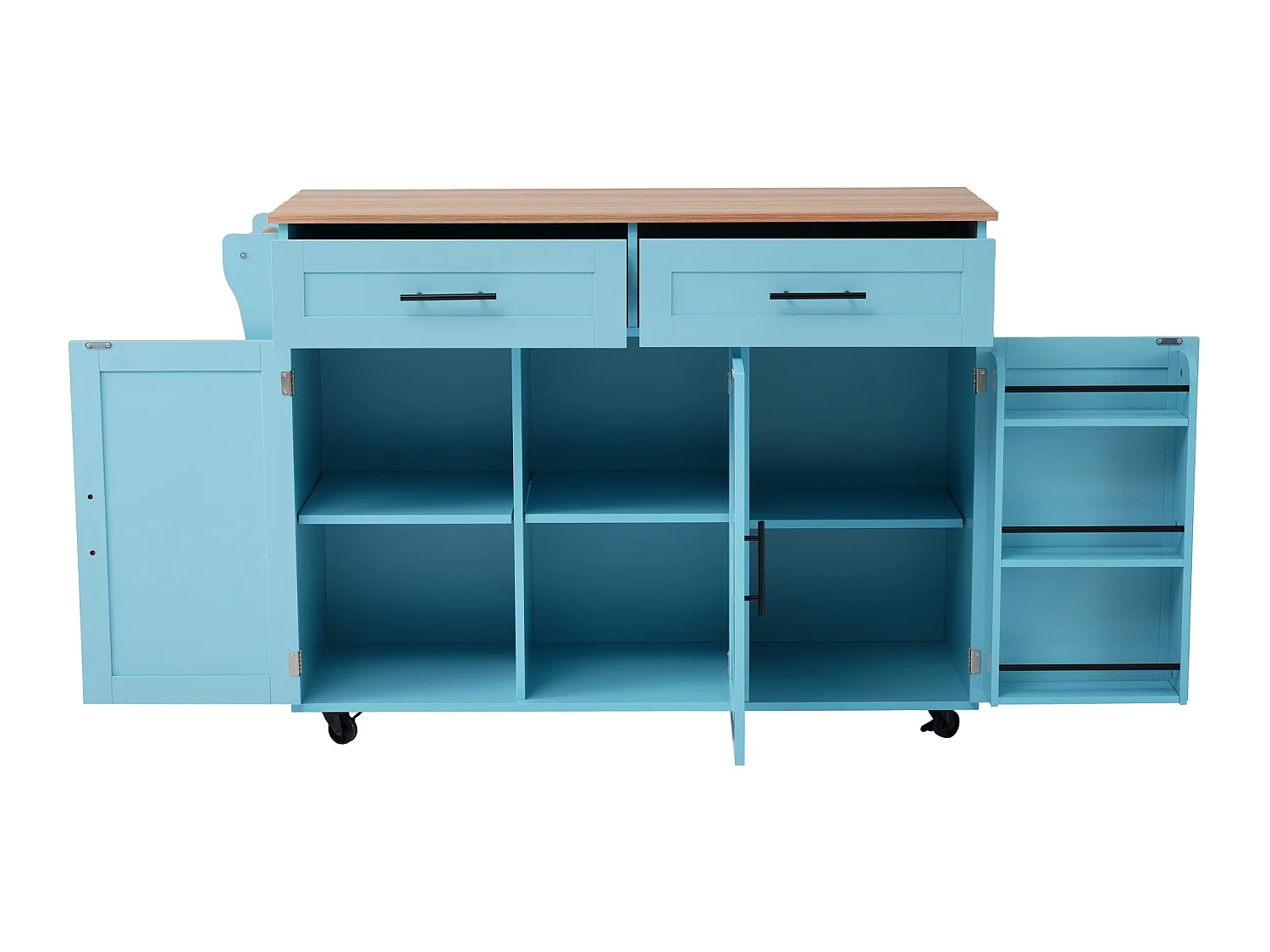 Credenza con 3 ante e 2 cassetti - pannello di prolunga in legno massello venato - 5 ruote / gambe in legno massello - blu