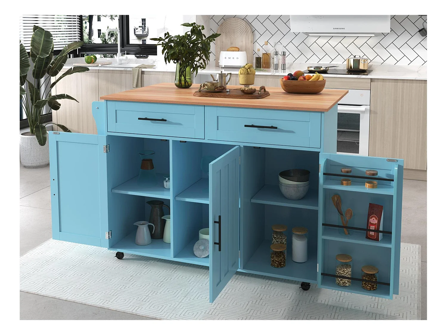 Buffet avec 3 portes et 2 tiroirs - panneau d'extension grain de bois massif - 5 roulettes / pieds en bois massif - bleu