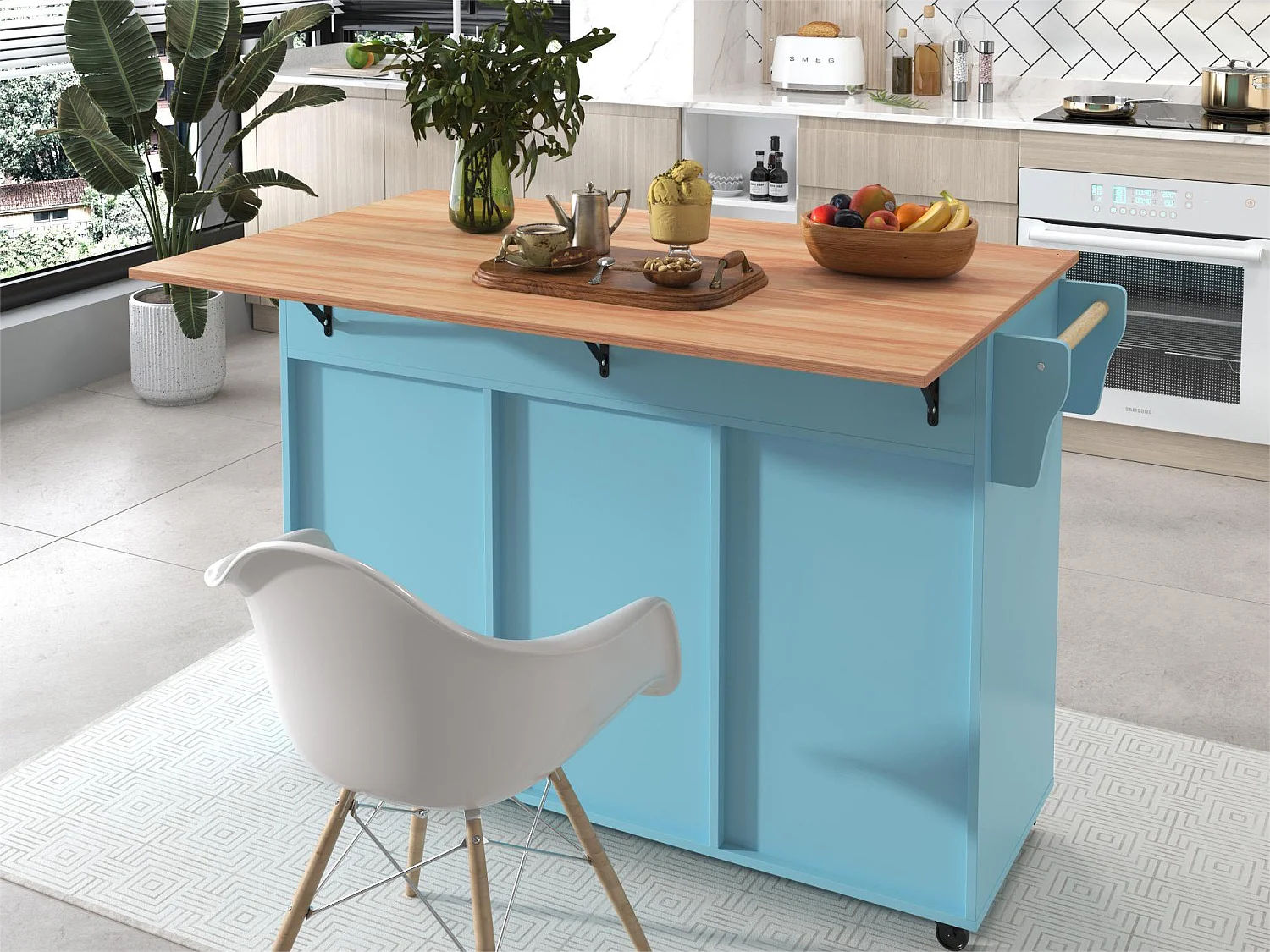 Credenza con 3 ante e 2 cassetti - pannello di prolunga in legno massello venato - 5 ruote / gambe in legno massello - blu