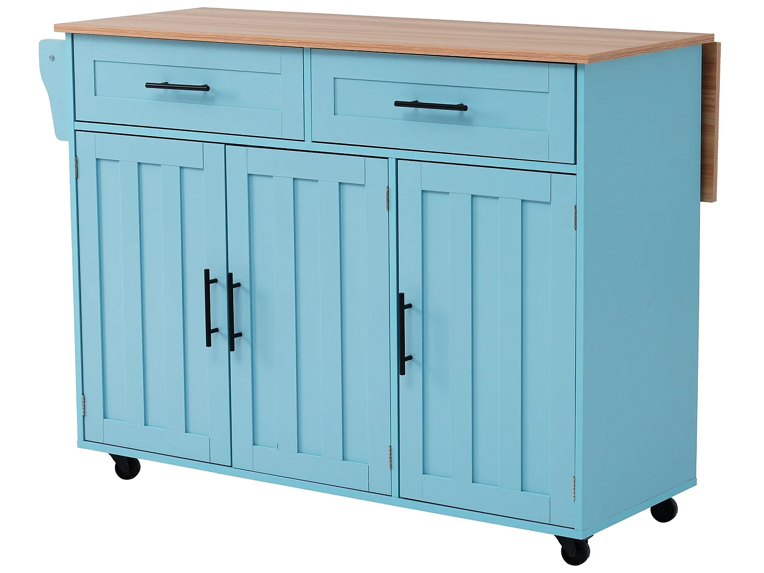 Credenza con 3 ante e 2 cassetti - pannello di prolunga in legno massello venato - 5 ruote / gambe in legno massello - blu