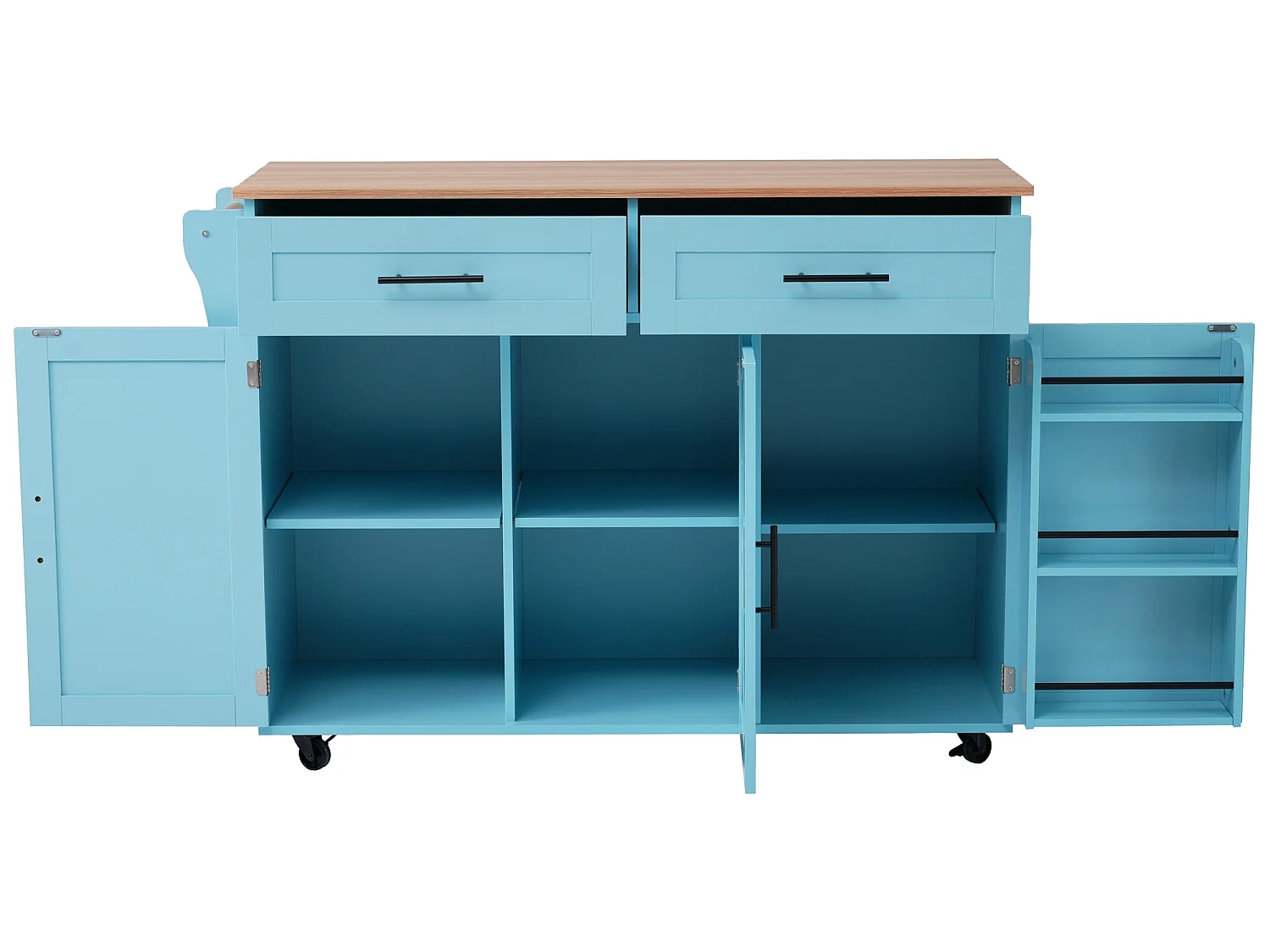 Credenza con 3 ante e 2 cassetti - pannello di prolunga in legno massello venato - 5 ruote / gambe in legno massello - blu