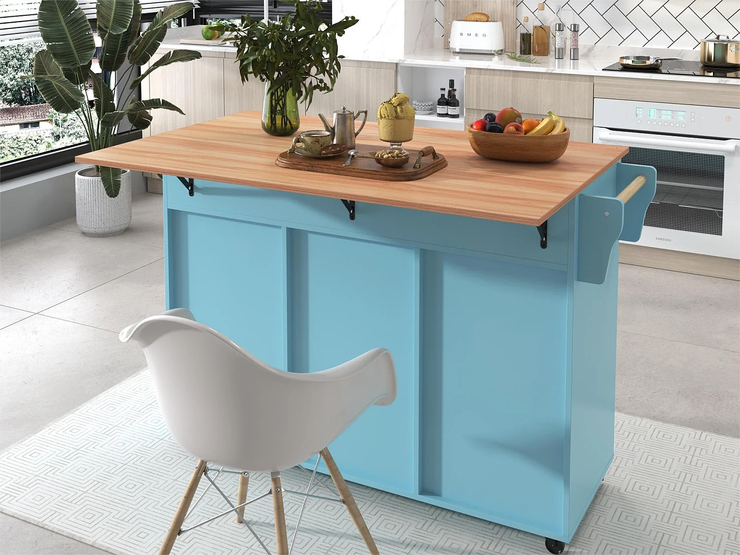 Sideboard mit 3 Türen und 2 Schubladen – Verlängerungsplatte aus Massivholzmaserung – 5 Rollen / Beine aus Massivholz – Blau