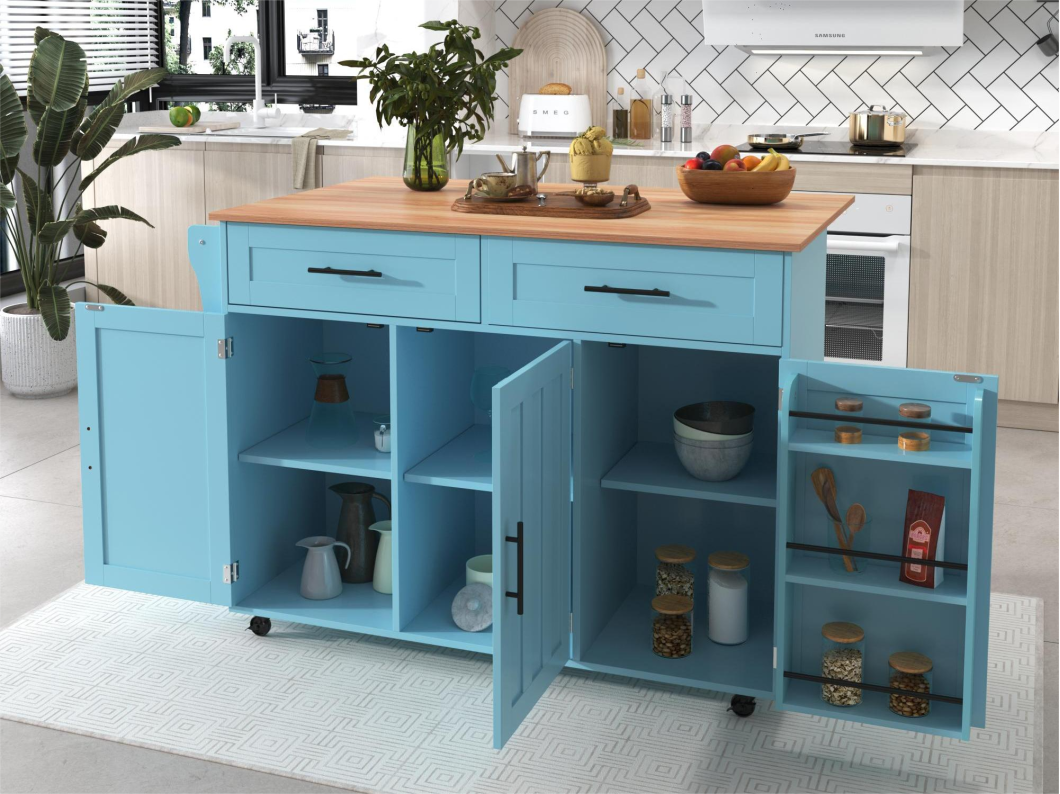 Credenza con 3 ante e 2 cassetti - pannello di prolunga in legno massello venato - 5 ruote / gambe in legno massello - blu