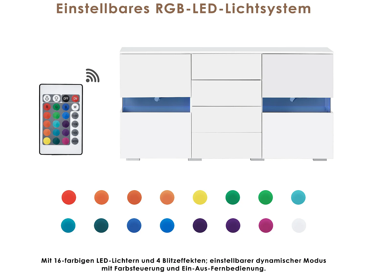 Dressoir met 2 deuren en 4 laden in MDF en acryl - met LED's - wit gelakt