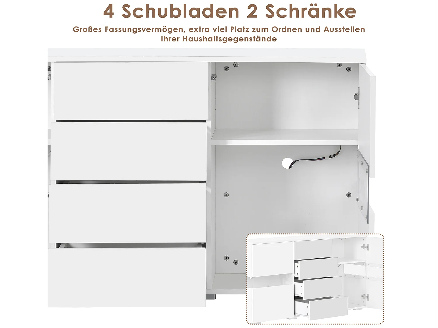 Dressoir met 2 deuren en 4 laden in MDF en acryl - met LED's - wit gelakt