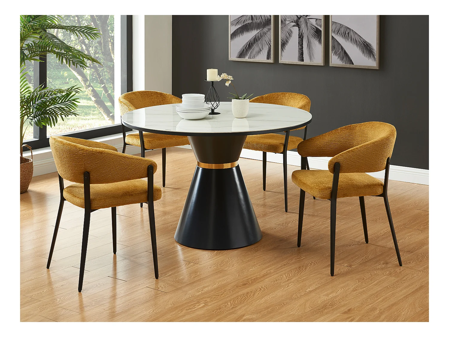 Lote de 6 sillas con reposabrazos de tela y metal negro - Amarillo mostaza - AVRELA