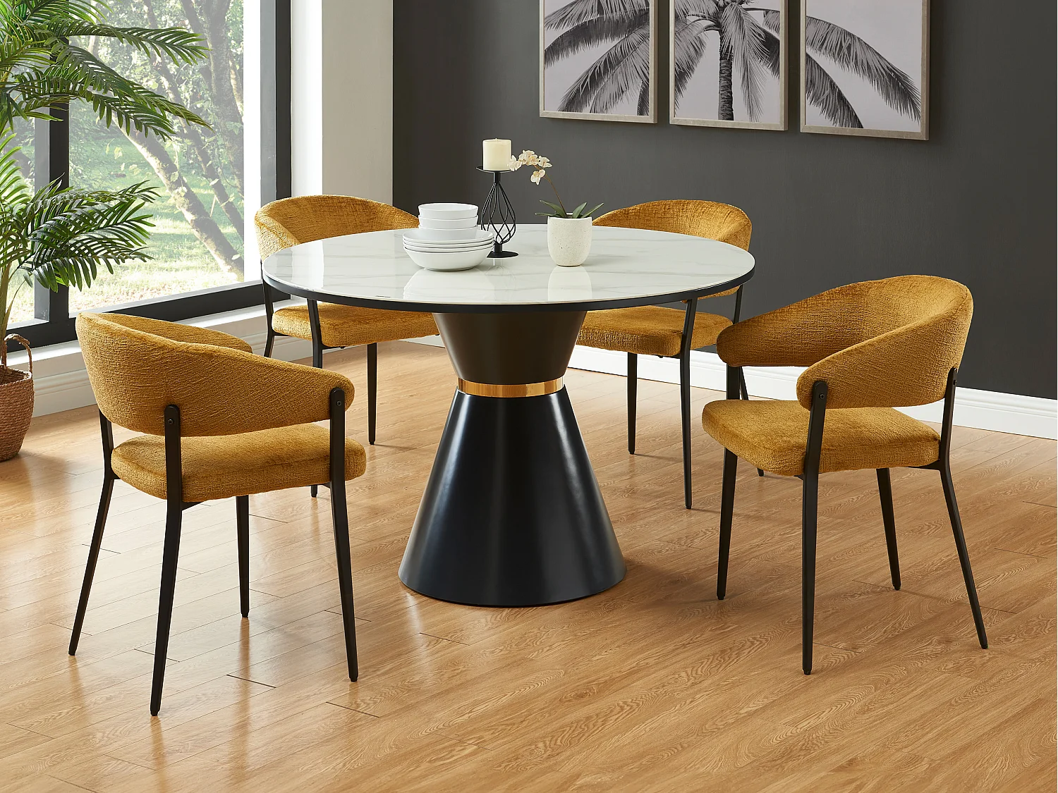 Lot de 6 chaises avec accoudoirs en tissu et métal noir - Jaune moutarde - AVRELA