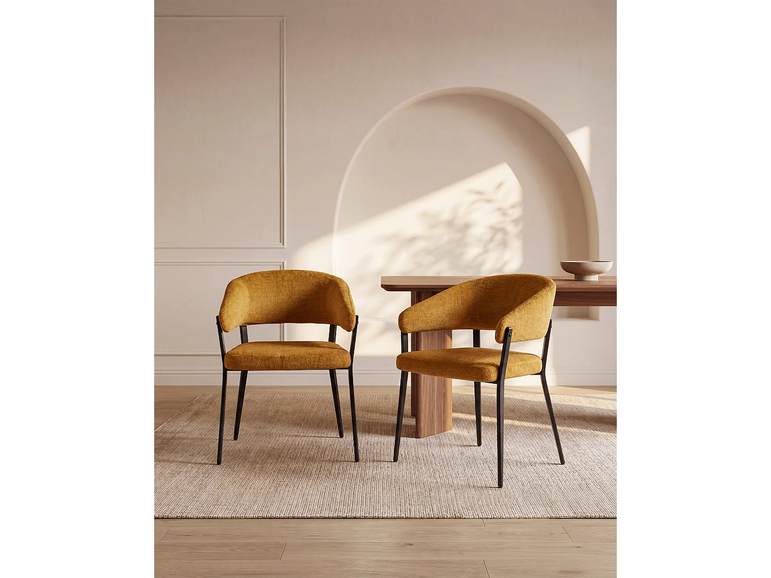 Set van 6 stoelen met armleuningen van stof en zwart metaal - Mosterdgeel - AVRELA